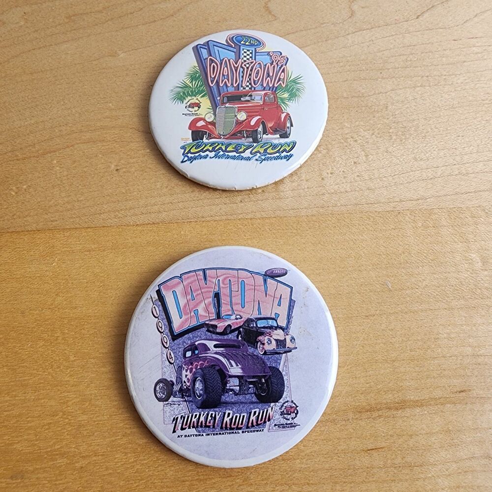 Vintage 1994 & 1995 Daytona Turkey Run Buttons Pins Pair Hot Rod Racing